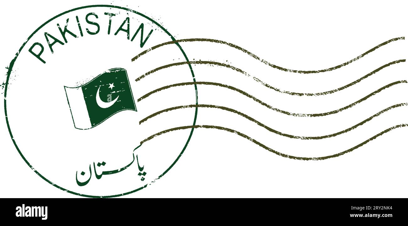 Postal grunge stamp 'Pakistan'. English and urdu-pakistani inscription. Stock Vector
