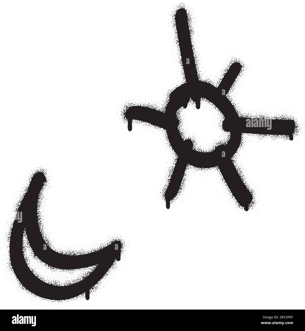 Stylized symbols of the Sun and crescent moon. Spray paint graffiti