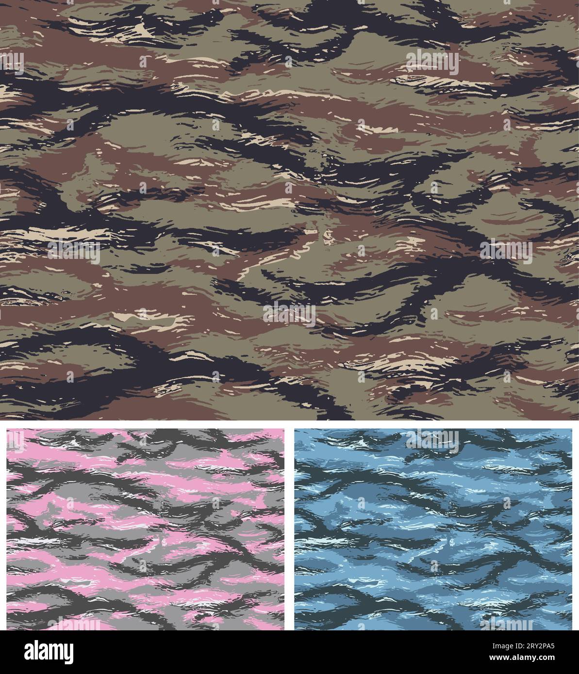 Set of tiger stripe camouflage seamless patterns. Woodland, navy and urban-women's color scheme. Stock Vector