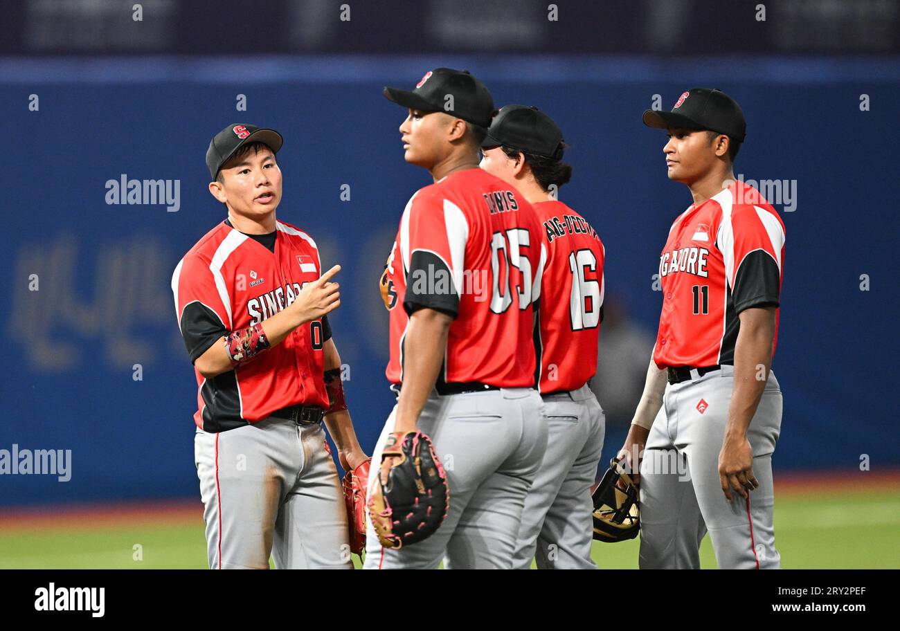 Shaoxing, China's Zhejiang Province. 28th Sep, 2023. Athletes of Singapore react during the men's first stage of baseball at the 19th Asian Games in Shaoxing, east China's Zhejiang Province, Sept. 28, 2023. Credit: Yang Guanyu/Xinhua/Alamy Live News Stock Photo