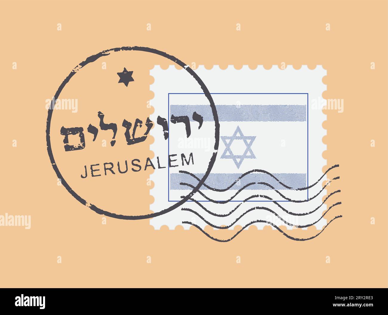 Postal stamp symbols 'Jerusalem '. Israeli flag (engraved, woodcut effect). Hebrew and english inscription. Stock Vector