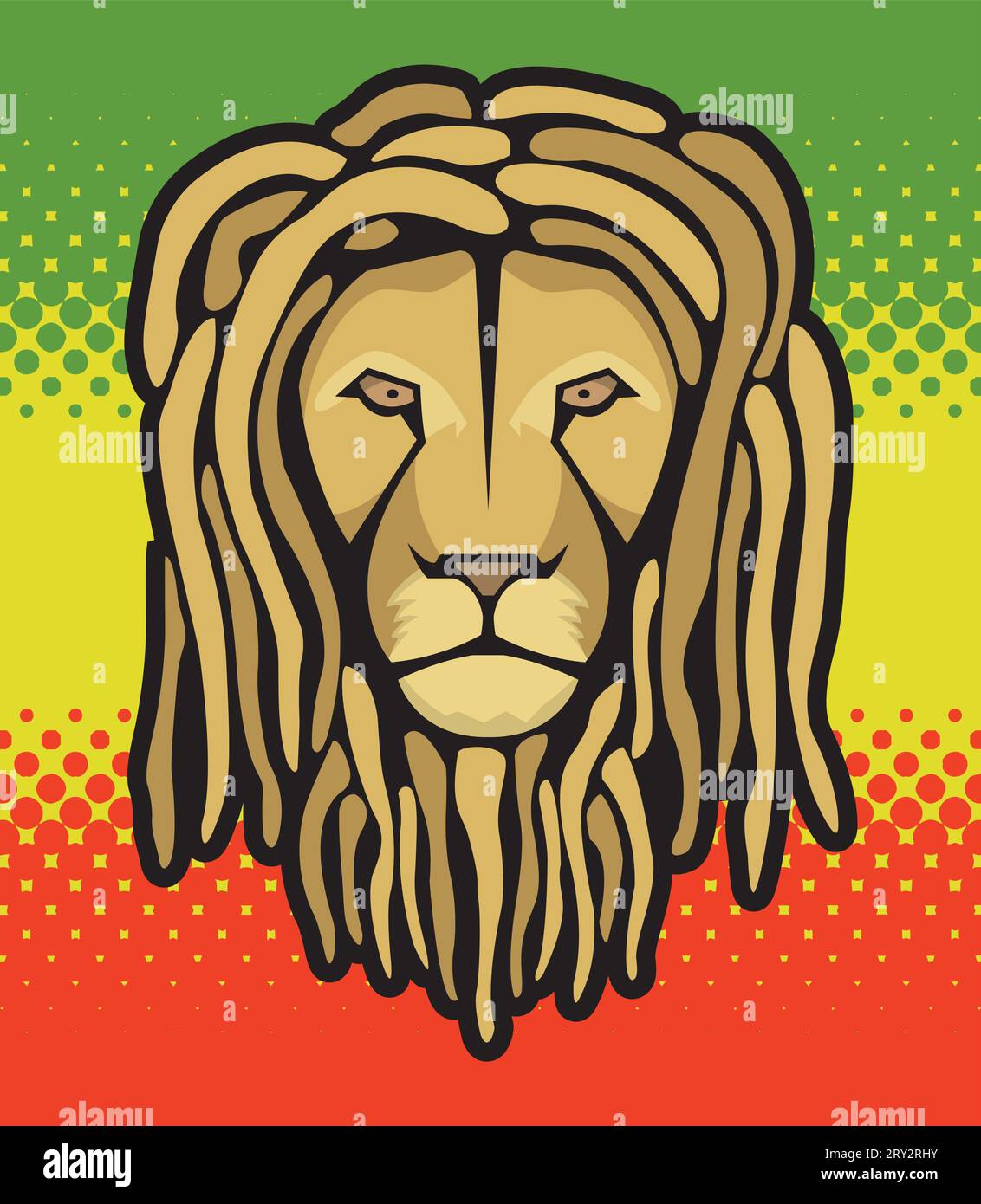 Lion's head with dreadlocks and reggae halftone flag background...for t-shirts, posters... Stock Vector