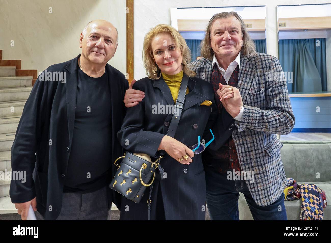 28.09.2023. Russia. Moscow. Artistic Director of the Moscow Academic Satire Theater Sergey Gazarov, actress Alyona Yakovleva and actor Yuri Vasiliev d Stock Photo