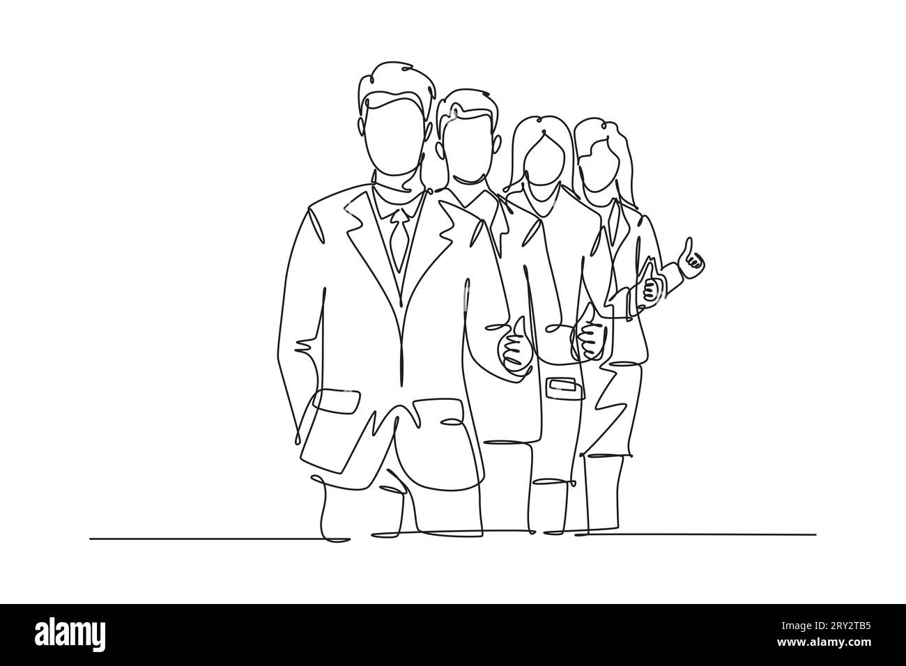 Continuous one line drawing group of line up young happy businessmen