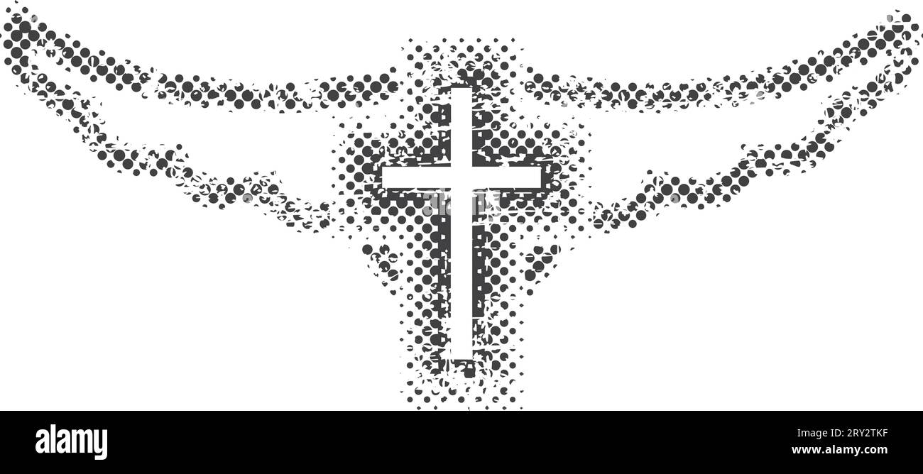 Winged cross.Grunge and halftone effects Stock Vector