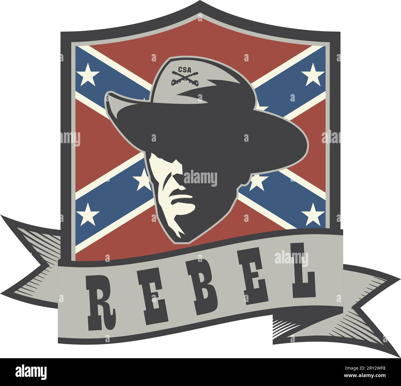 Emblem with rebel confederate officer, battle flag and ribbon Stock Vector