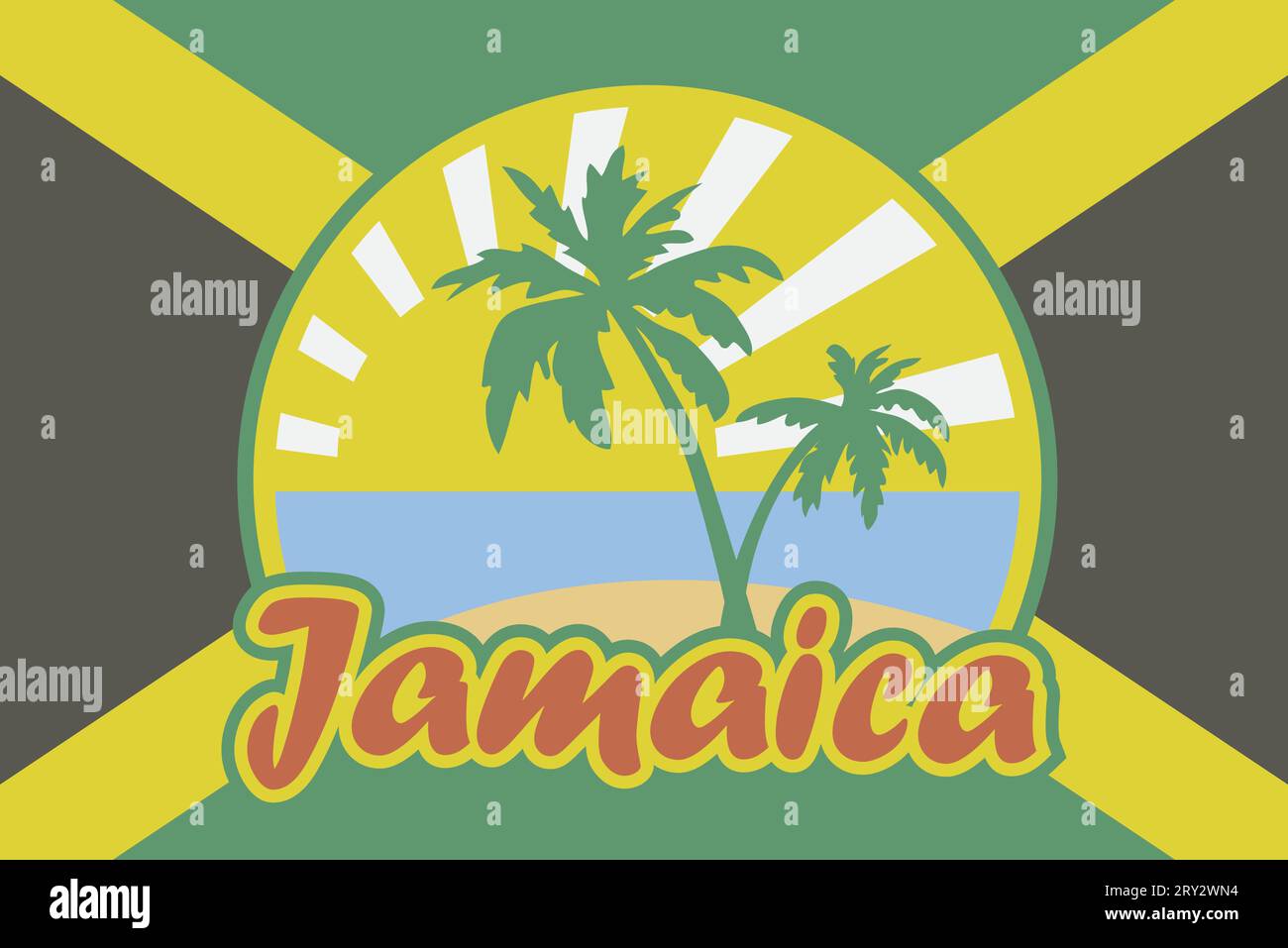 Jamaican flag with emblem of tropical beach. 'Jamaica' inscription in
