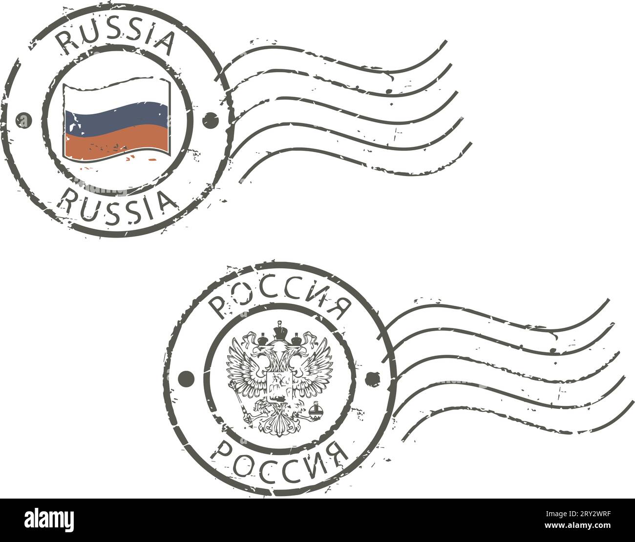 Two postal grunge stamps 'Russia' with the flag and two-headed eagle. Latin and cyrillic inscription. Stock Vector