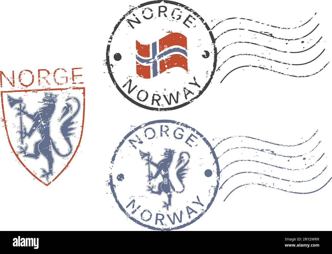 Three postal grunge stamps 'Norway'. English and norwegian inscription. Stock Vector