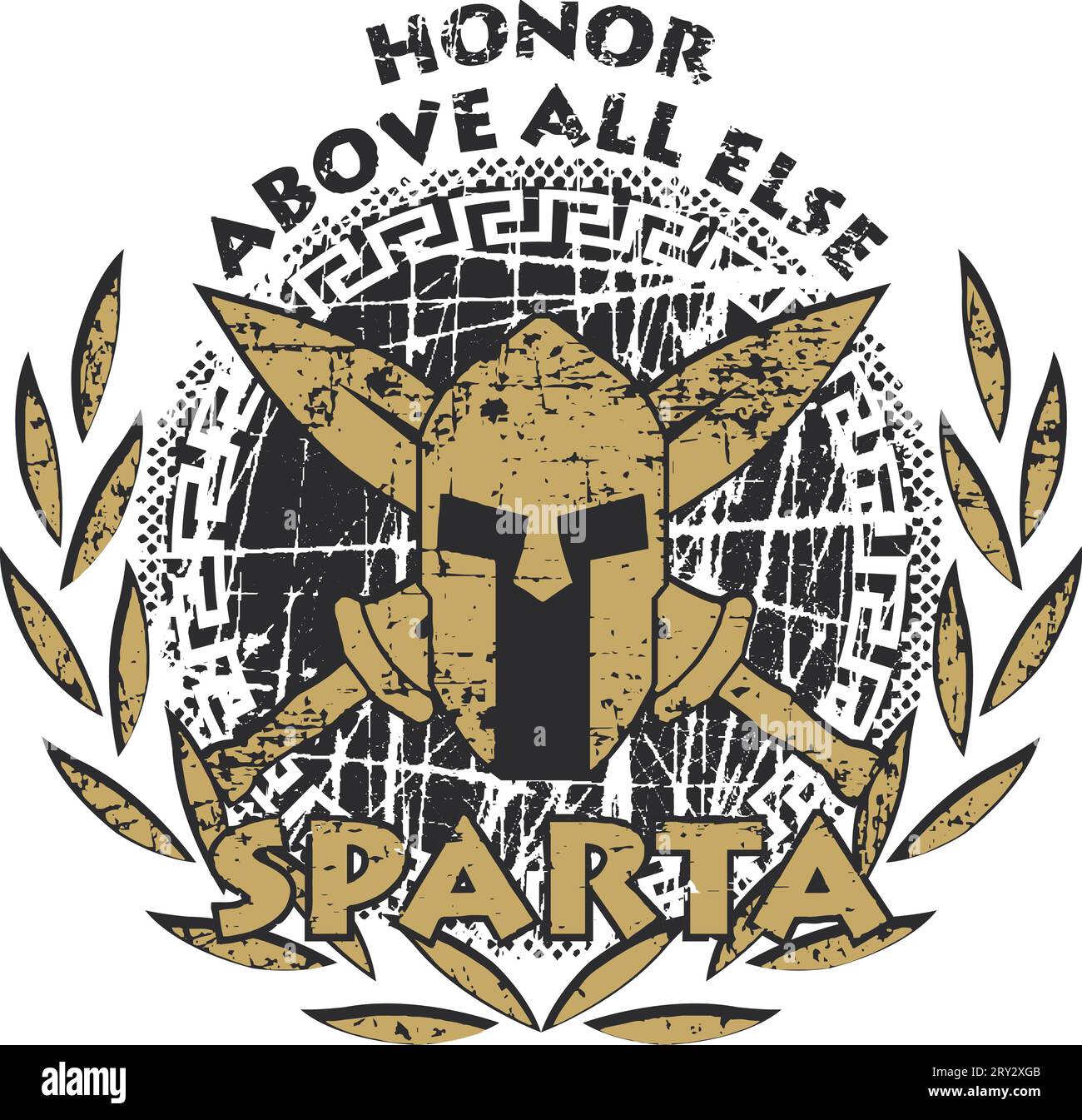 Scratched spartan artwork for t-shirt. Helmet, crossed swords, shield with meander, laurel wreath and two inscriptions 'Sparta' and 'Honor above all e'. Stock Vector
