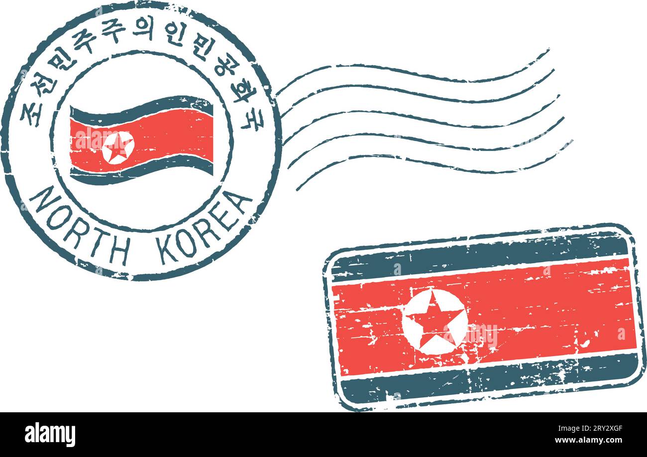 Postal grunge stamps 'North Korea'. Korean and english inscription. Stock Vector