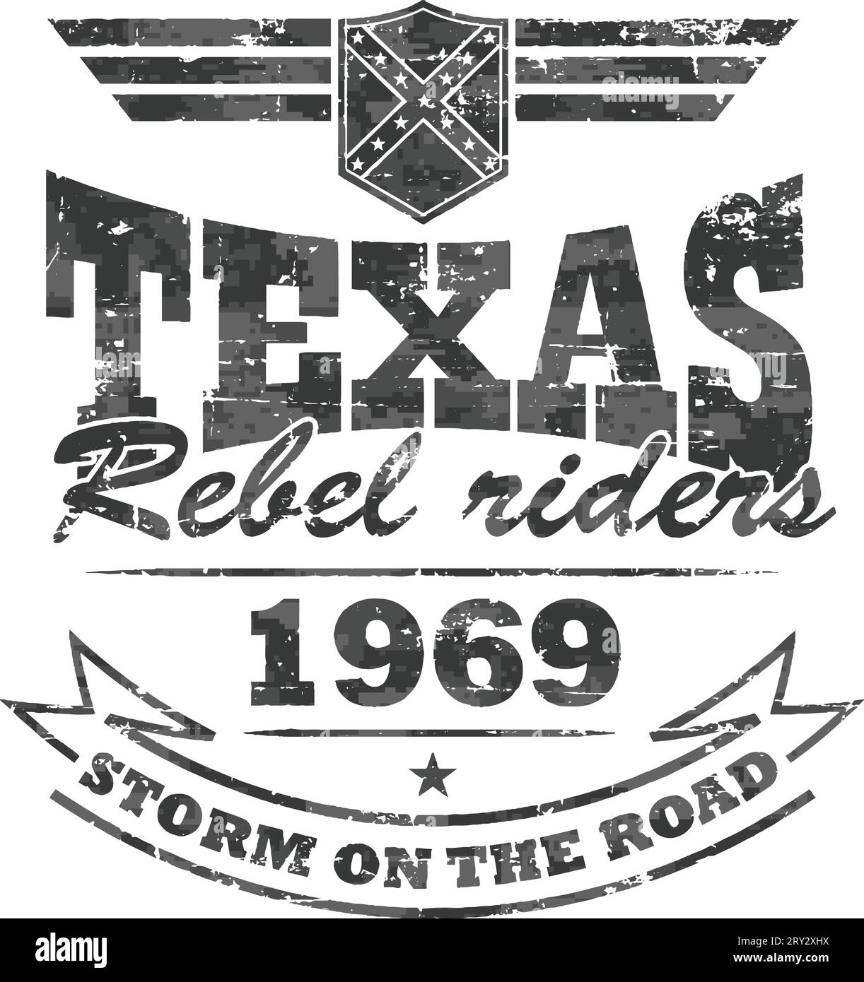 Biker's artwork 'Texas-rebel riders' for t- shirt and poster. Winged shield with confederate flag. Stock Vector