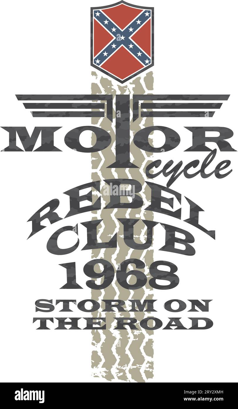 Biker's artwork 'Motorcycle rebel club' for t- shirt and poster. Shield with confederate flag. Stock Vector