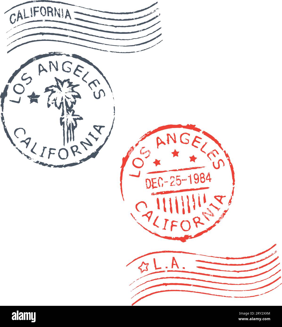 Set of postal grunge stamps 'Los Angeles-California'.Blue and red color. Stock Vector
