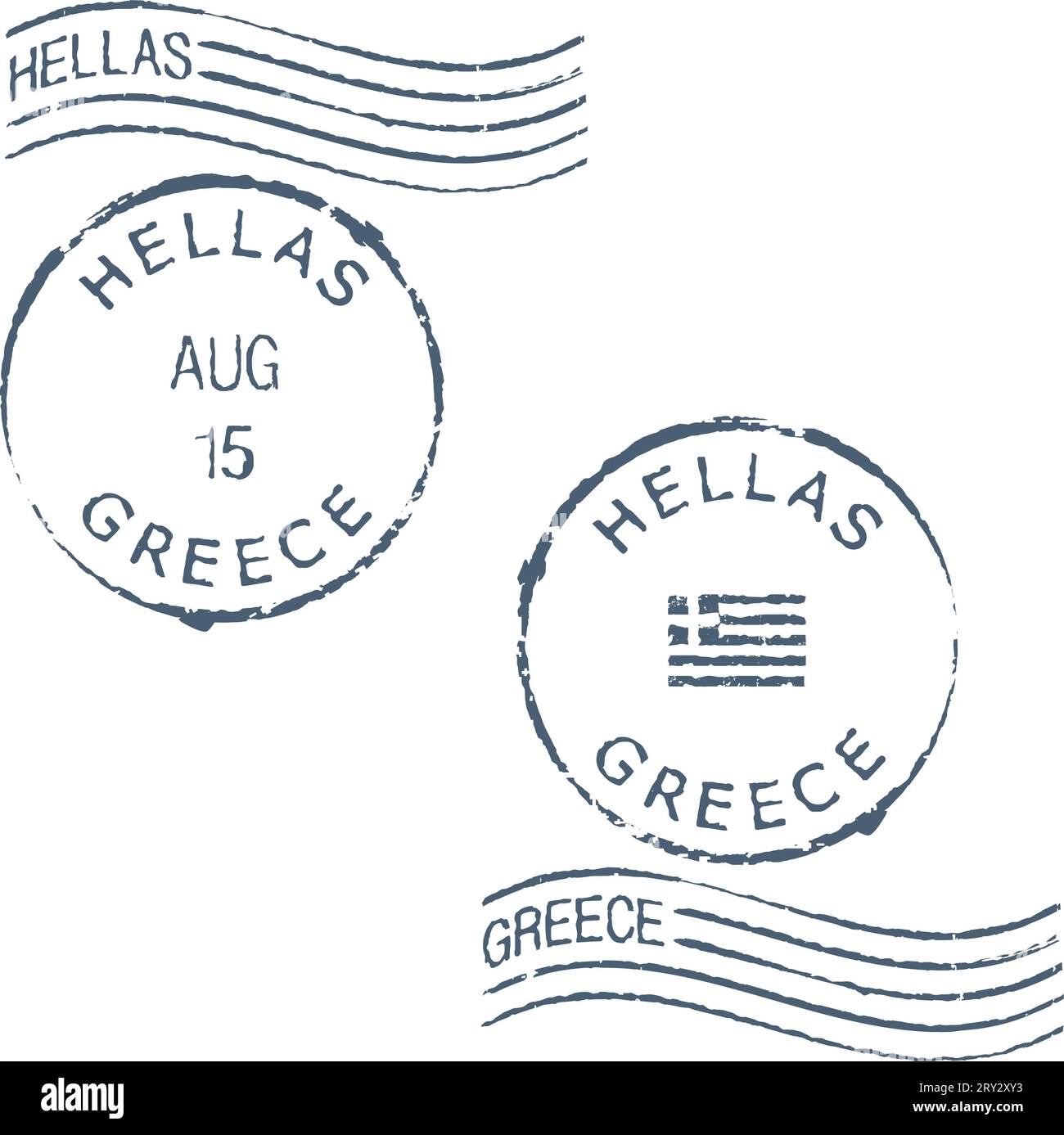 Set of postal grunge stamps 'Greece'. Greek and english inscription. Stock Vector