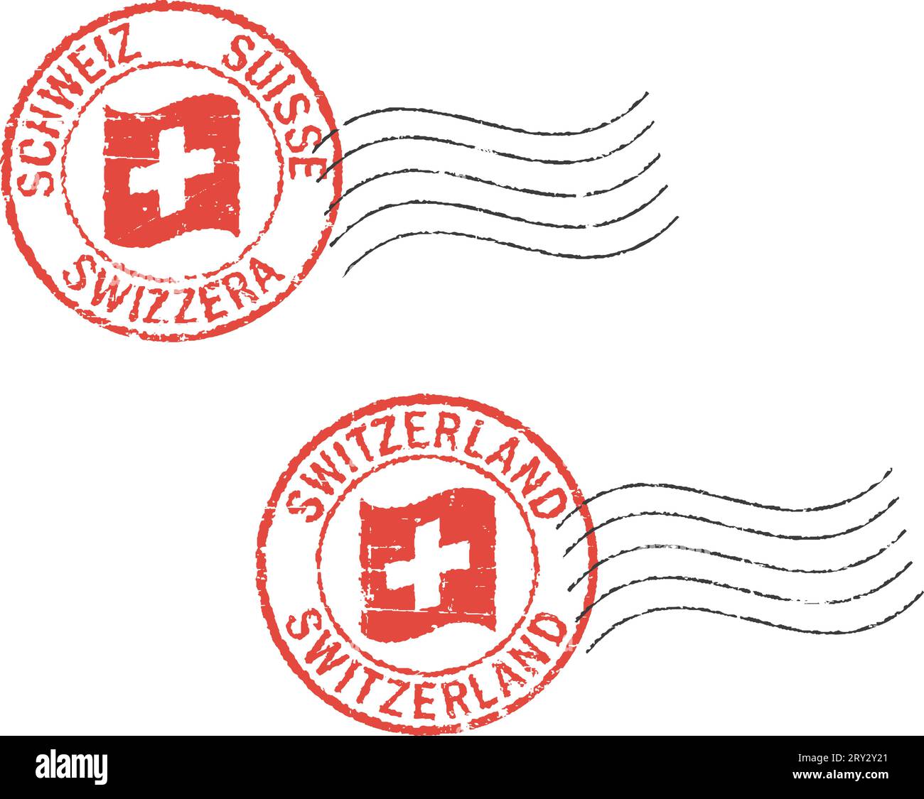 Two grunge  postal stamps 'Switzerland'. German, italian,french and english inscription. Stock Vector