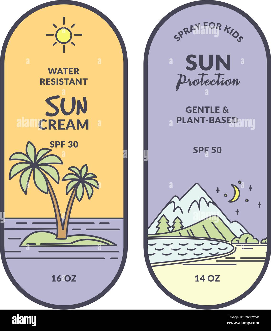 Water resistant sun cream, sunscreen labels vector Stock Vector