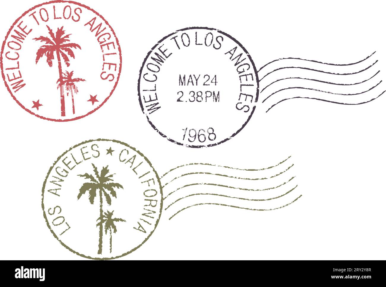 Set of postal grunge stamps 'Los Angeles'. Red, black and green color Stock Vector