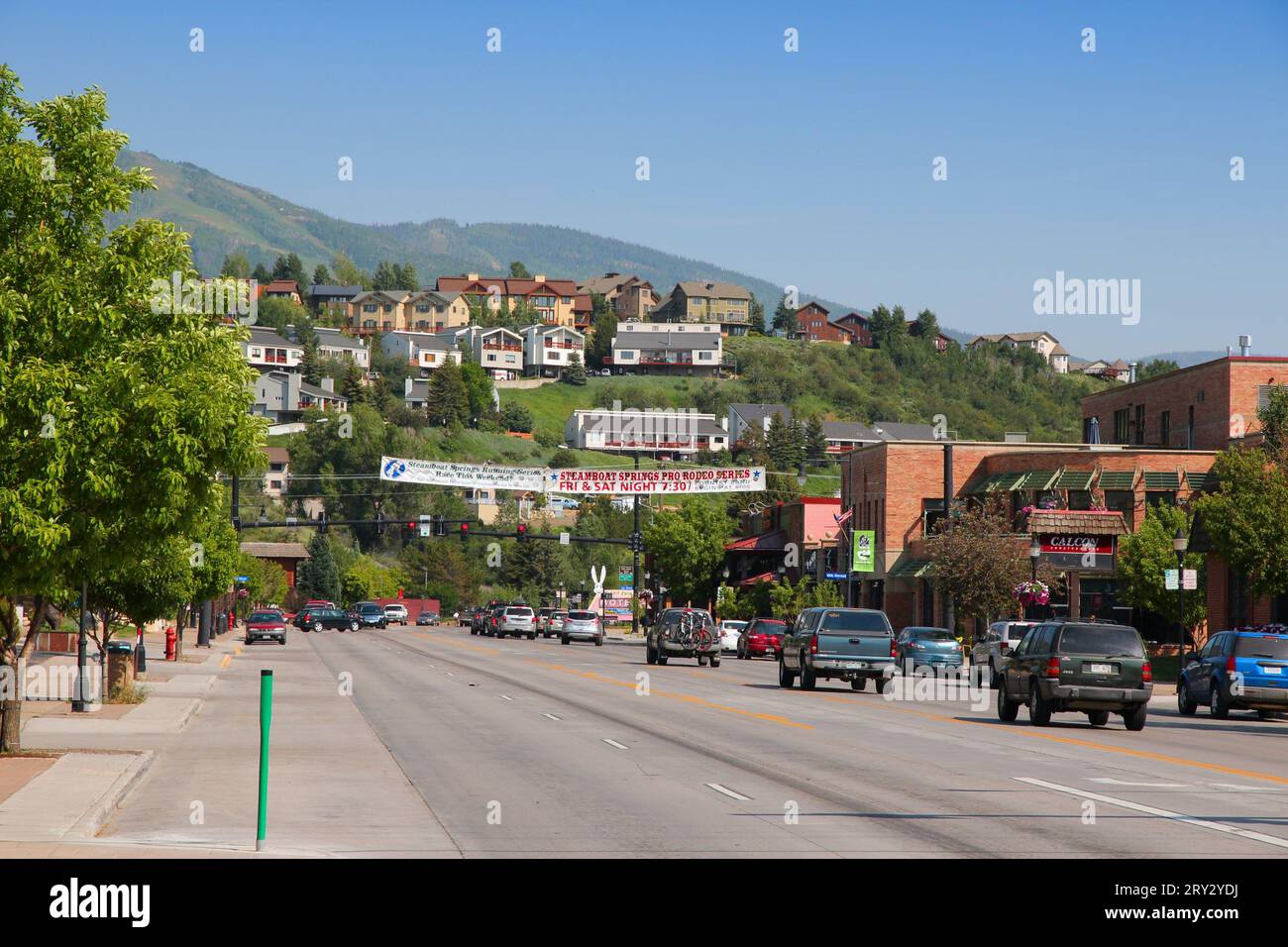 STEAMBOAT SPRINGS, COLORADO - JUNE 19, 2013: Main street in Steamboat Springs, Colorado. Steamboat Springs is a famous tourist and ski resort in Color Stock Photo