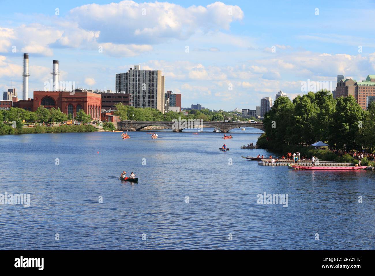 Cambridge Massachusetts summer skyline with Charles River. Western Avenue Bridge. Stock Photo