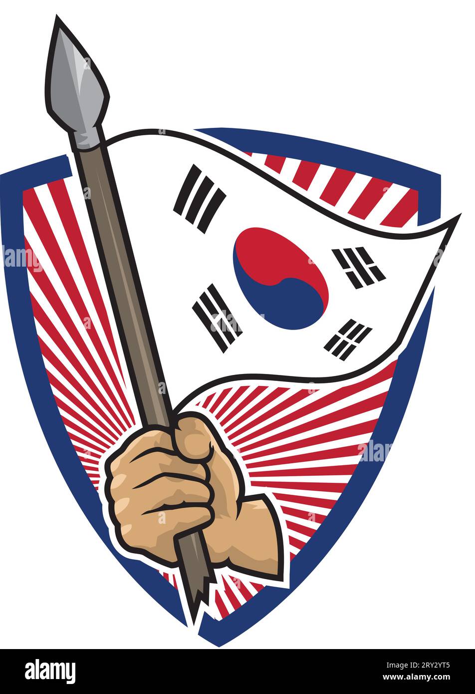 Illustration of an hand holding a spear with a waving (South) Korean flag. Shield in the background. Stock Vector