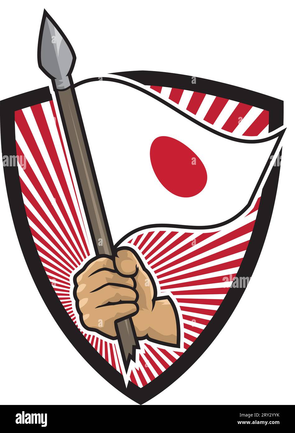 Illustration of an hand holding a spear with a waving Japanese flag