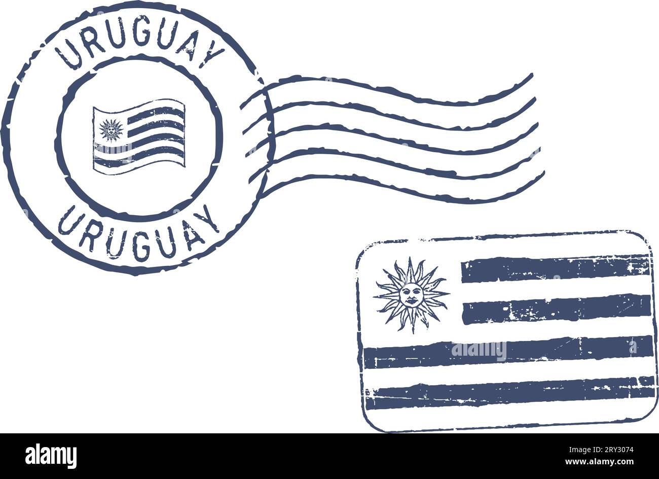 Two postal grunge stamps 'Uruguay'. White background. Stock Vector