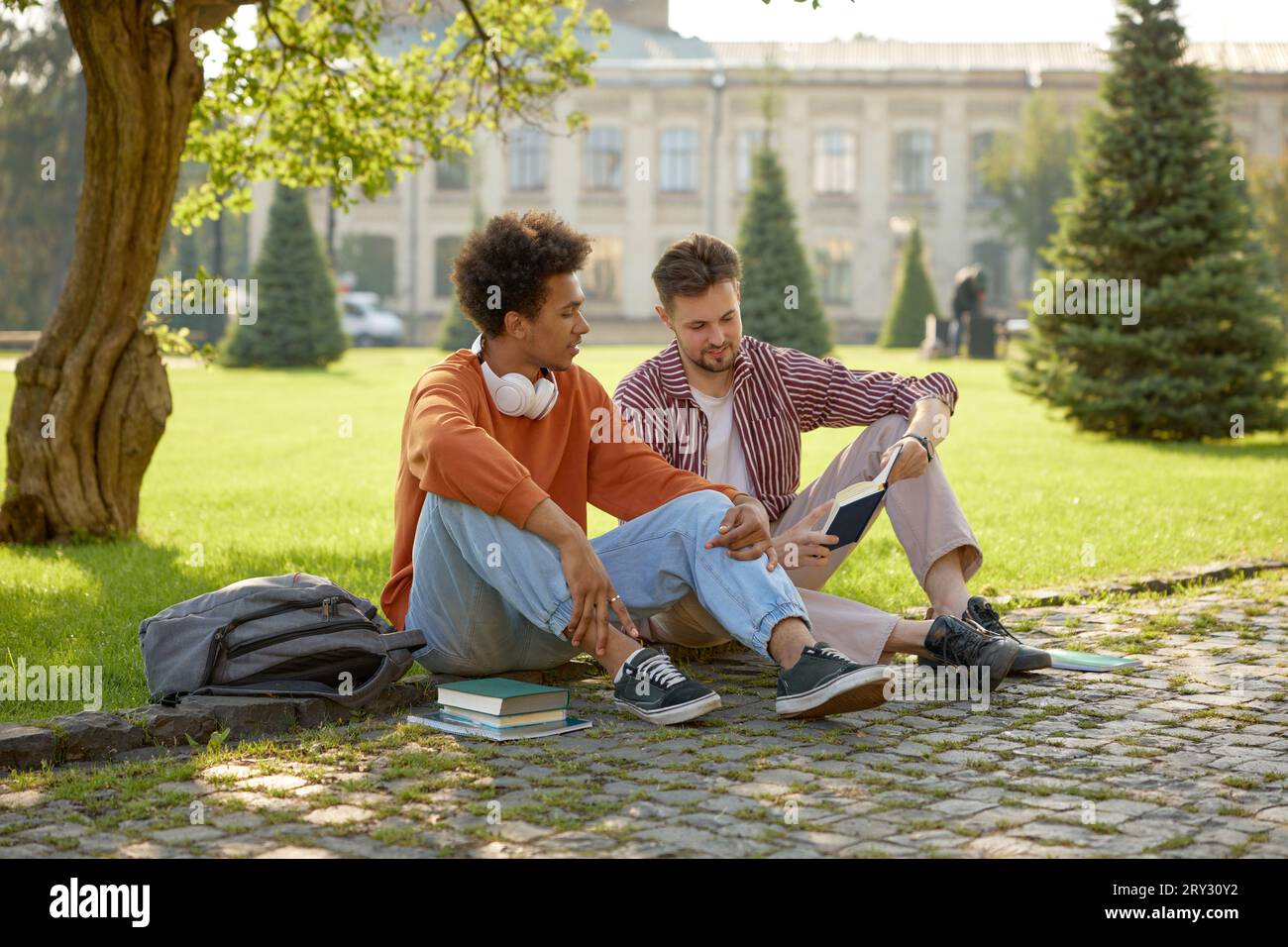 Two young fellow students talking together discussing ideas Stock Photo