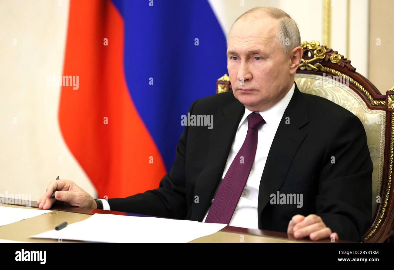 Moscow, Russia. 28th Sep, 2023. Russian President Vladimir Putin chairs a video conference with 26 newly elected regional leaders from the Kremlin, September 28, 2023 in Moscow, Russia. Credit: Mikhail Metzel/Kremlin Pool/Alamy Live News Stock Photo