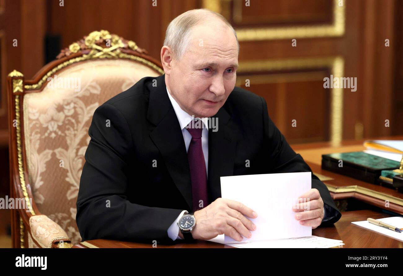 Moscow, Russia. 28th Sep, 2023. Russian President Vladimir Putin listens to Chechen leader Ramzan Kadyrov during a face-to-face working meeting at the Kremlin, September 28, 2023 in Moscow, Russia. Credit: Mikhail Metzel/Kremlin Pool/Alamy Live News Stock Photo