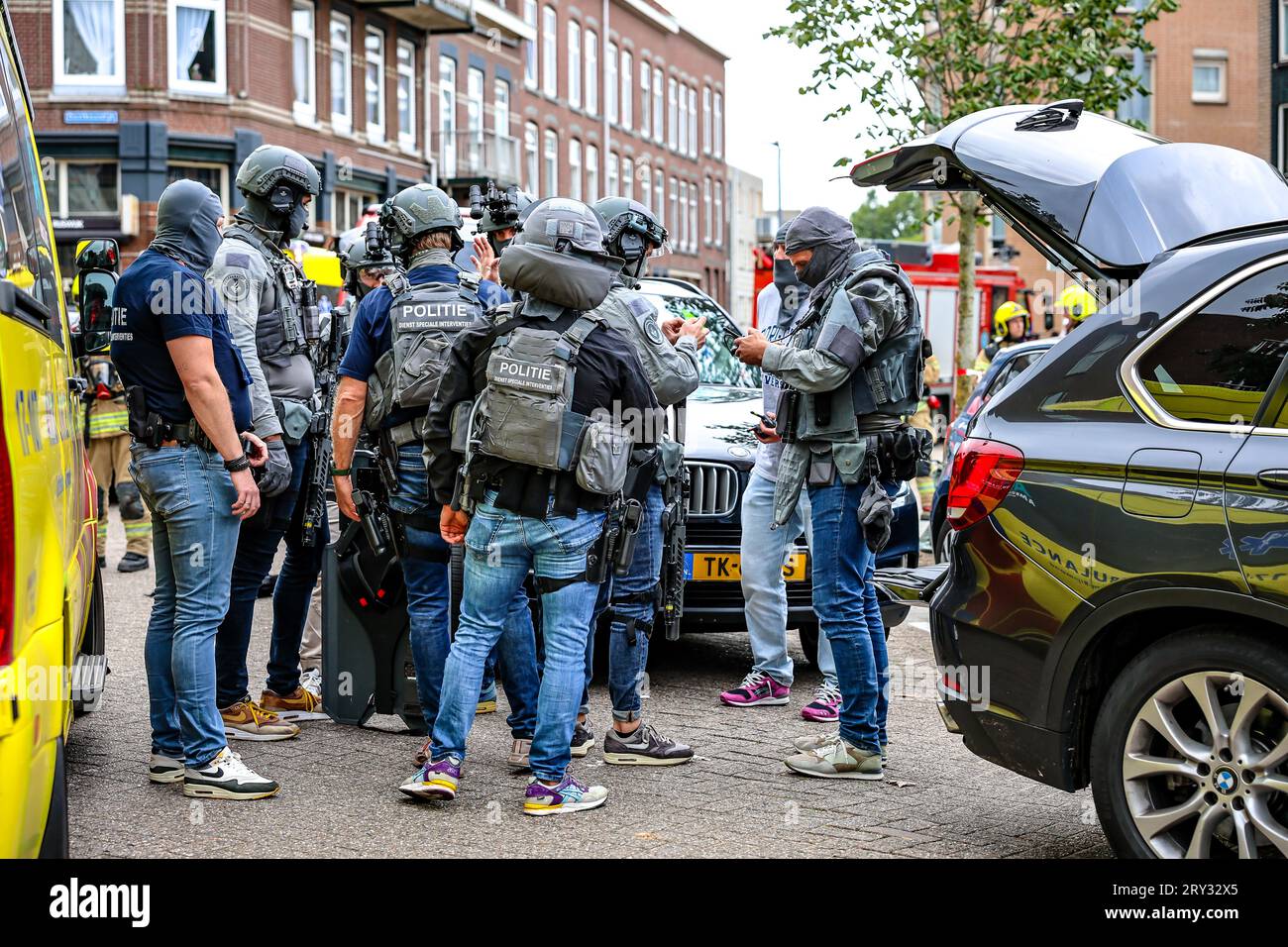 ROTTERDAM Special units of the police and fire brigade at a fire in a