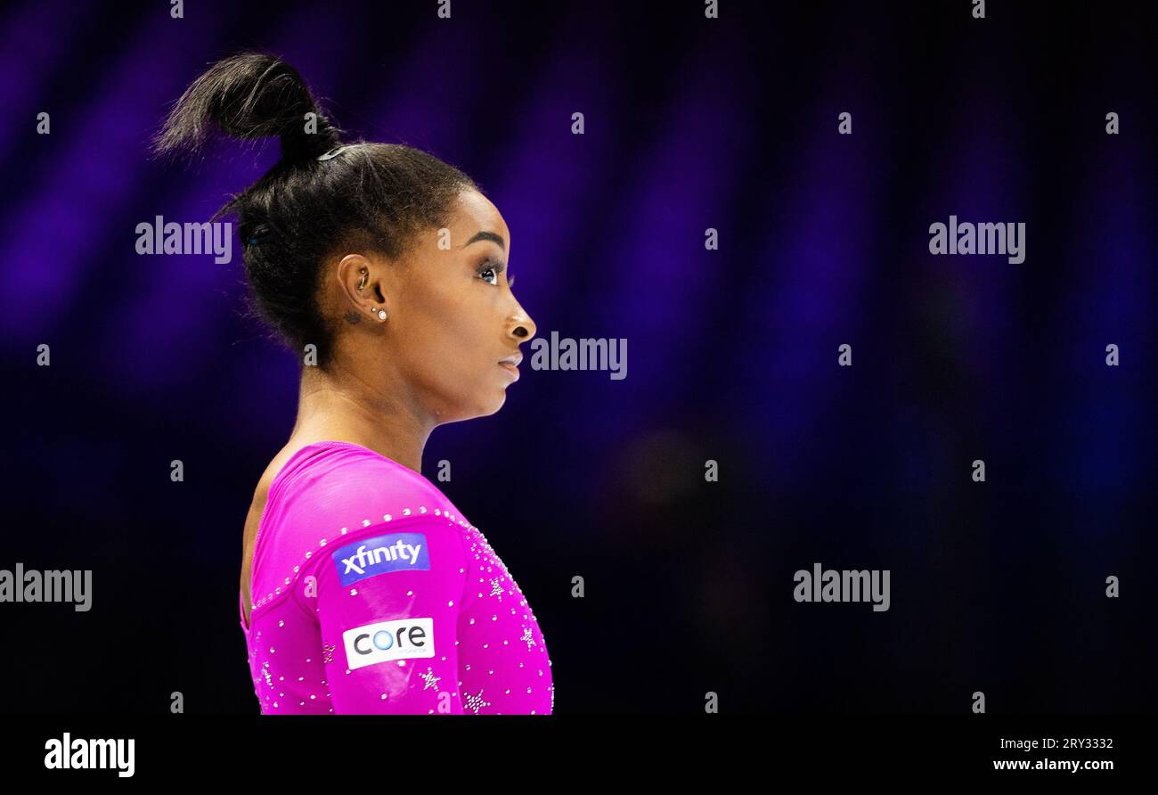 ANTWERP 28/09/2023, Gymnast Simone Biles prepares during training for