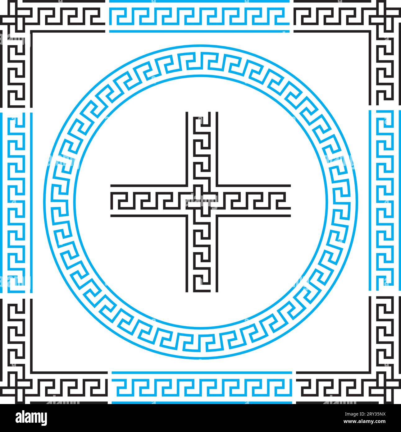 Set of meander borders and frames. Ancient traditional greek decoration. Black and blue color. Stock Vector