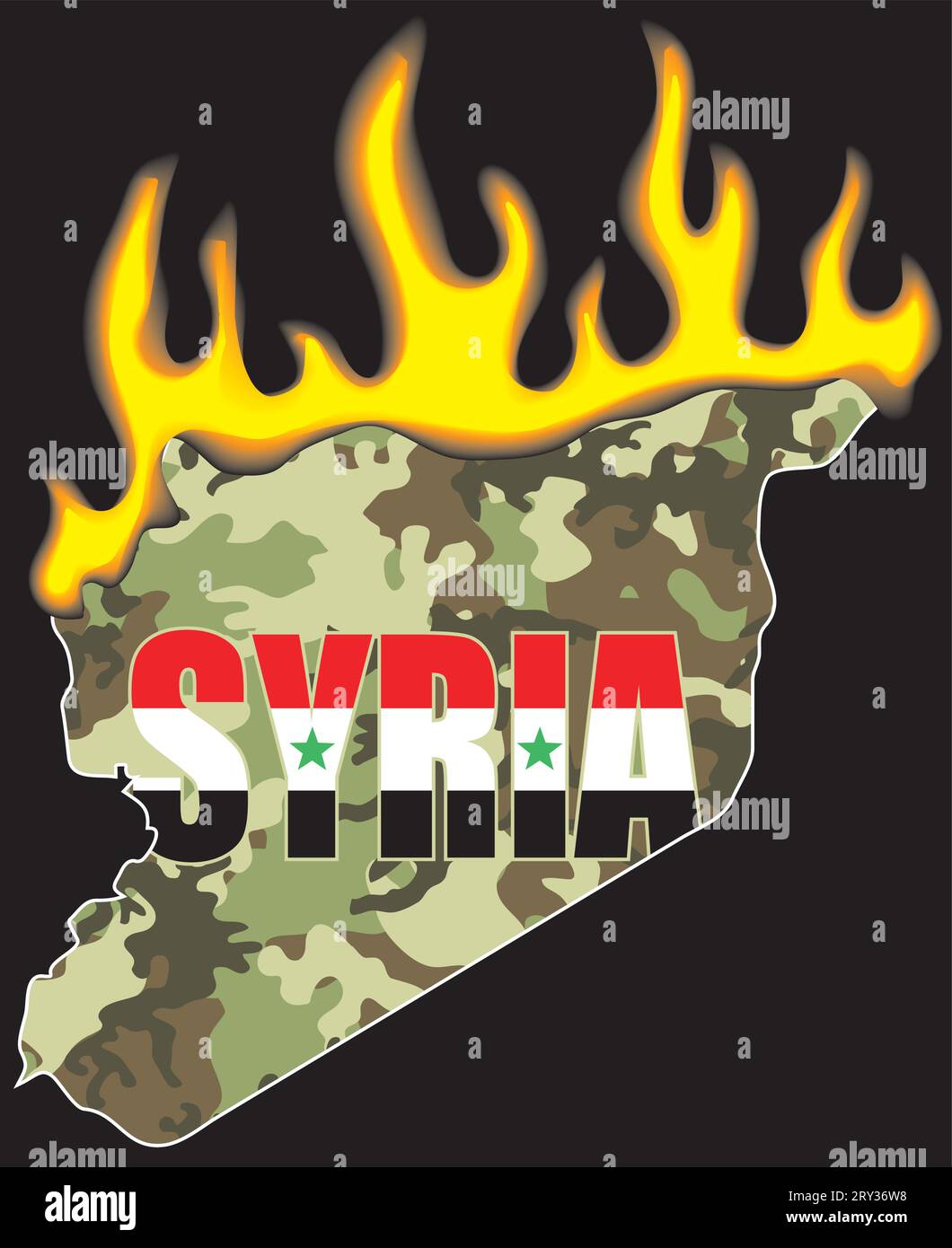 Camouflage map of Syria in flames.Civil war concept Stock Vector