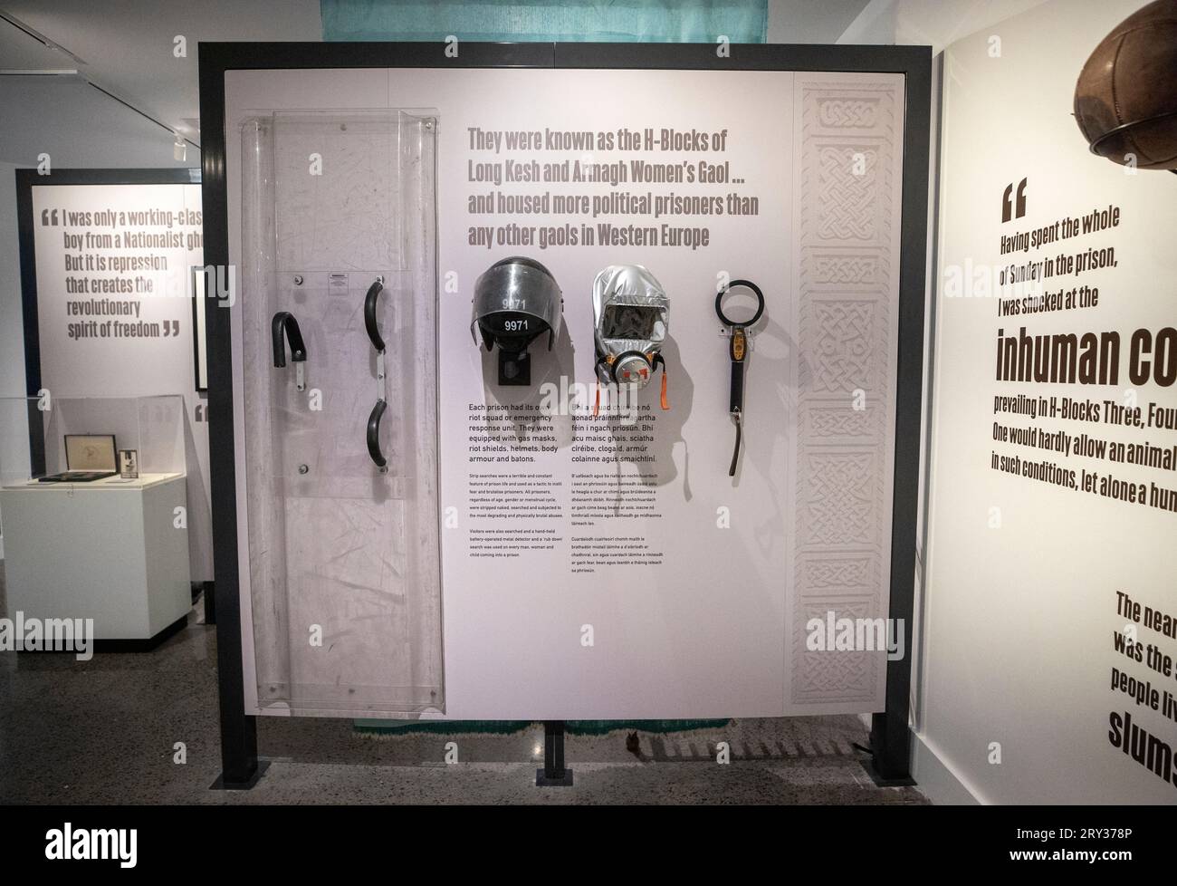 Display on H-Blocks of Long Kesh and Armagh Women's Gaol with riot shield, helmet and metal detector, on show at the Roddy McCorley Republican Heritage Centre in Belfast, during the centres official launch. Picture date: Thursday September 28, 2023. Stock Photo