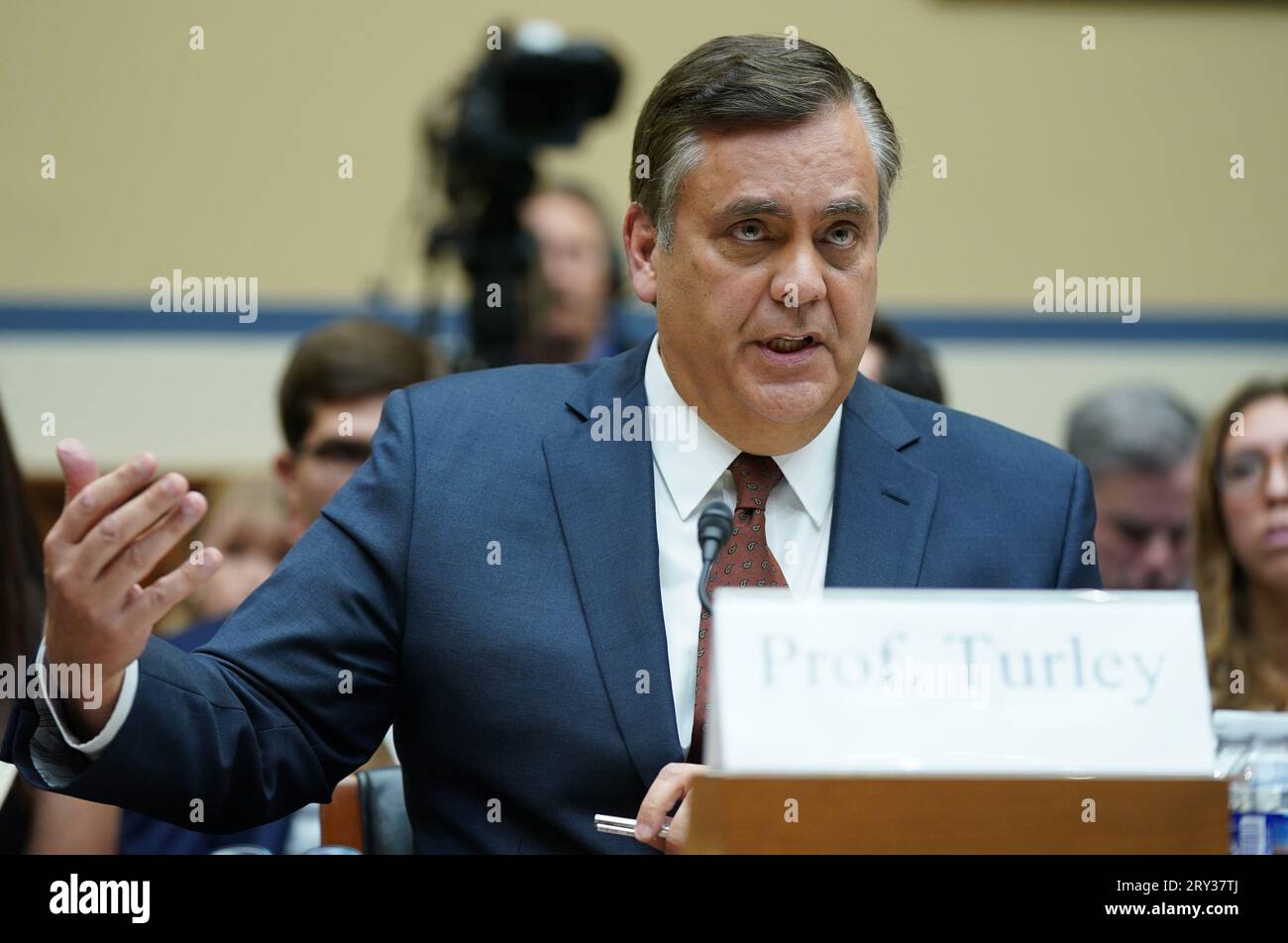 Washington, United States. 28th Sep, 2023. Law professor Jonathan Turley testifies as the House Oversight and Accountability Committee holds its first hearing on an impeachment inquiry into President Biden at the U.S. Capitol in Washington DC on Thursday, September 28, 2023. Photo by Bonnie Cash/UPI Credit: UPI/Alamy Live News Stock Photo