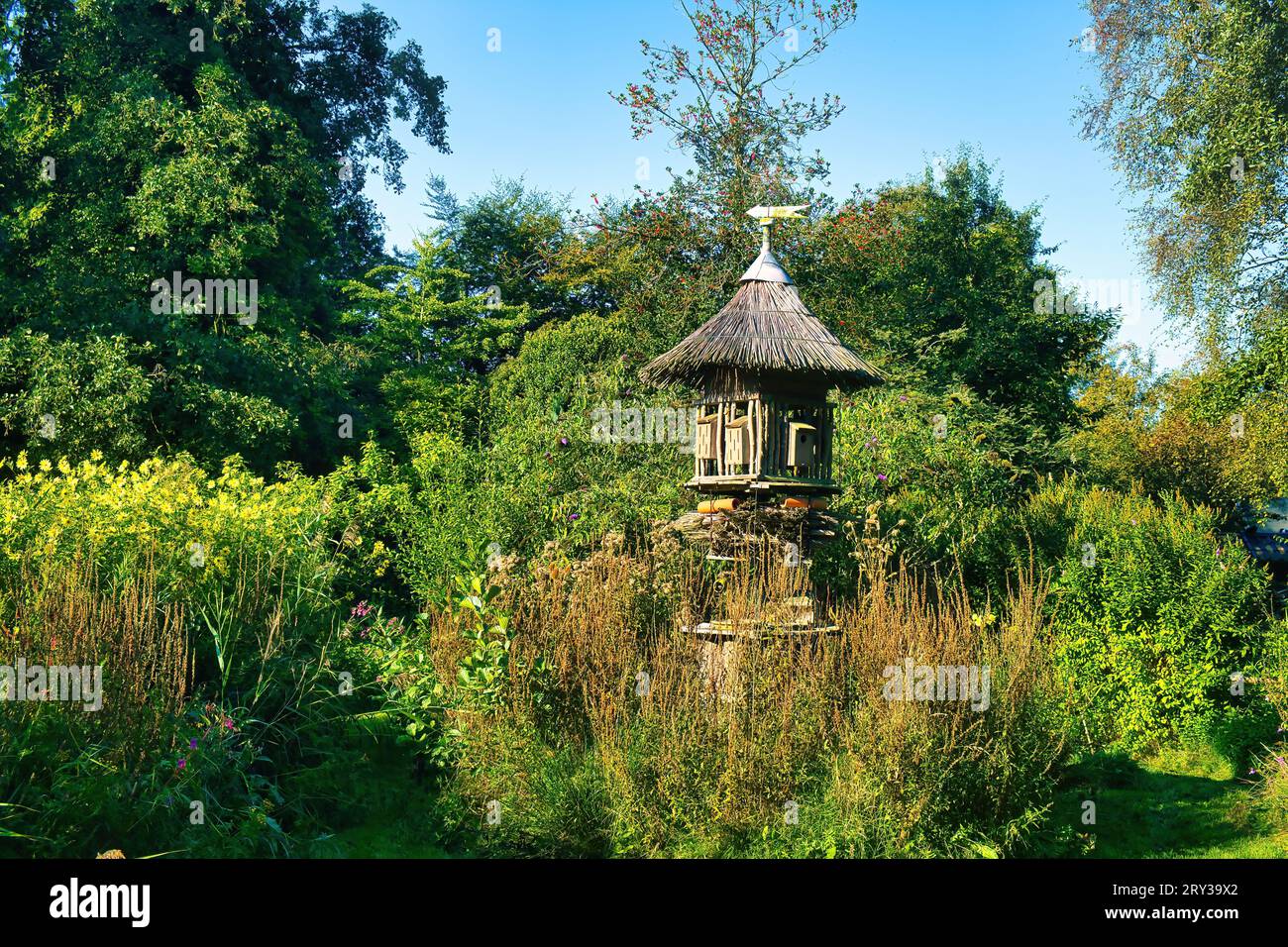 Large structure made of wood an thatch in a mature garden, with nesting boxes for birds and an insect hotel Stock Photo