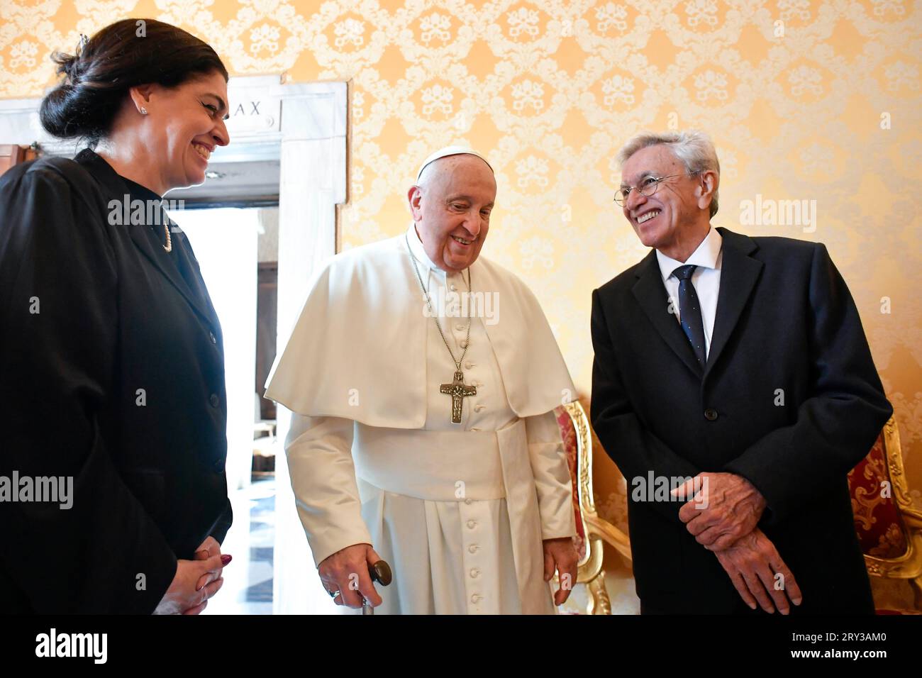 Rome, Italy. 28th Sep, 2023. Italy, Rome, Vatican, 2023/9/28.Pope Francis during the private audience with Mr Caetano Veloso at the Vatican Photograph by Vatican Media i/Catholic Press Photo Credit: Independent Photo Agency/Alamy Live News Stock Photo