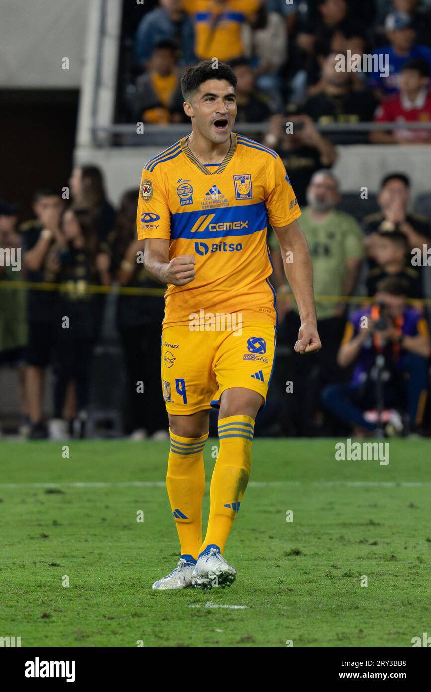 Tigres UANL forward Nicolás Ibáñez (9) celebrates after converting a penalty during the Campeones Cup 2023 final against LAFC, Wednesday, September 27 Stock Photo