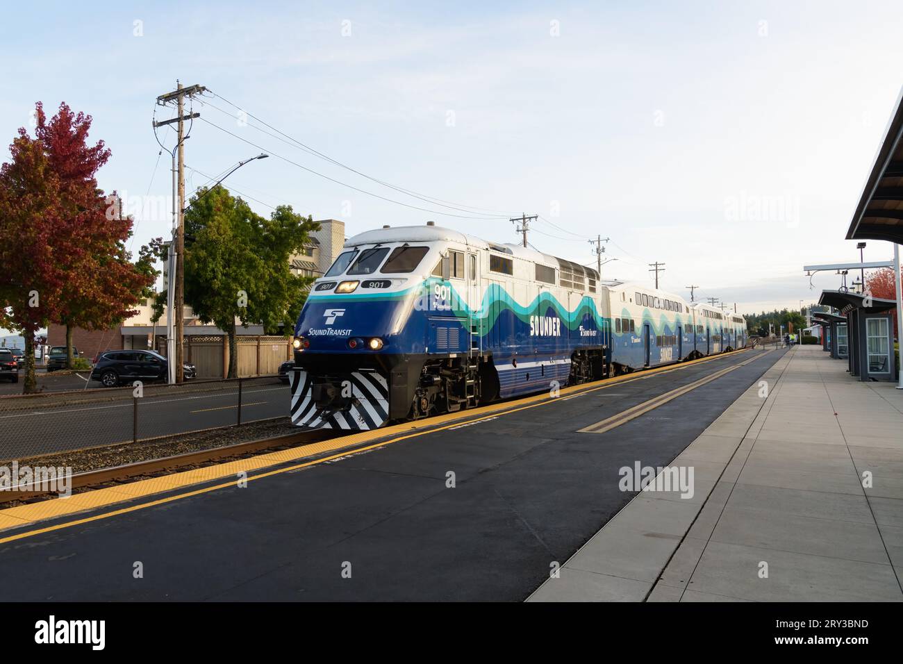 Everett, WA, USA - September 26, 2023; Southbound Sound Transit Sounder commuter train at Edmonds Station Stock Photo