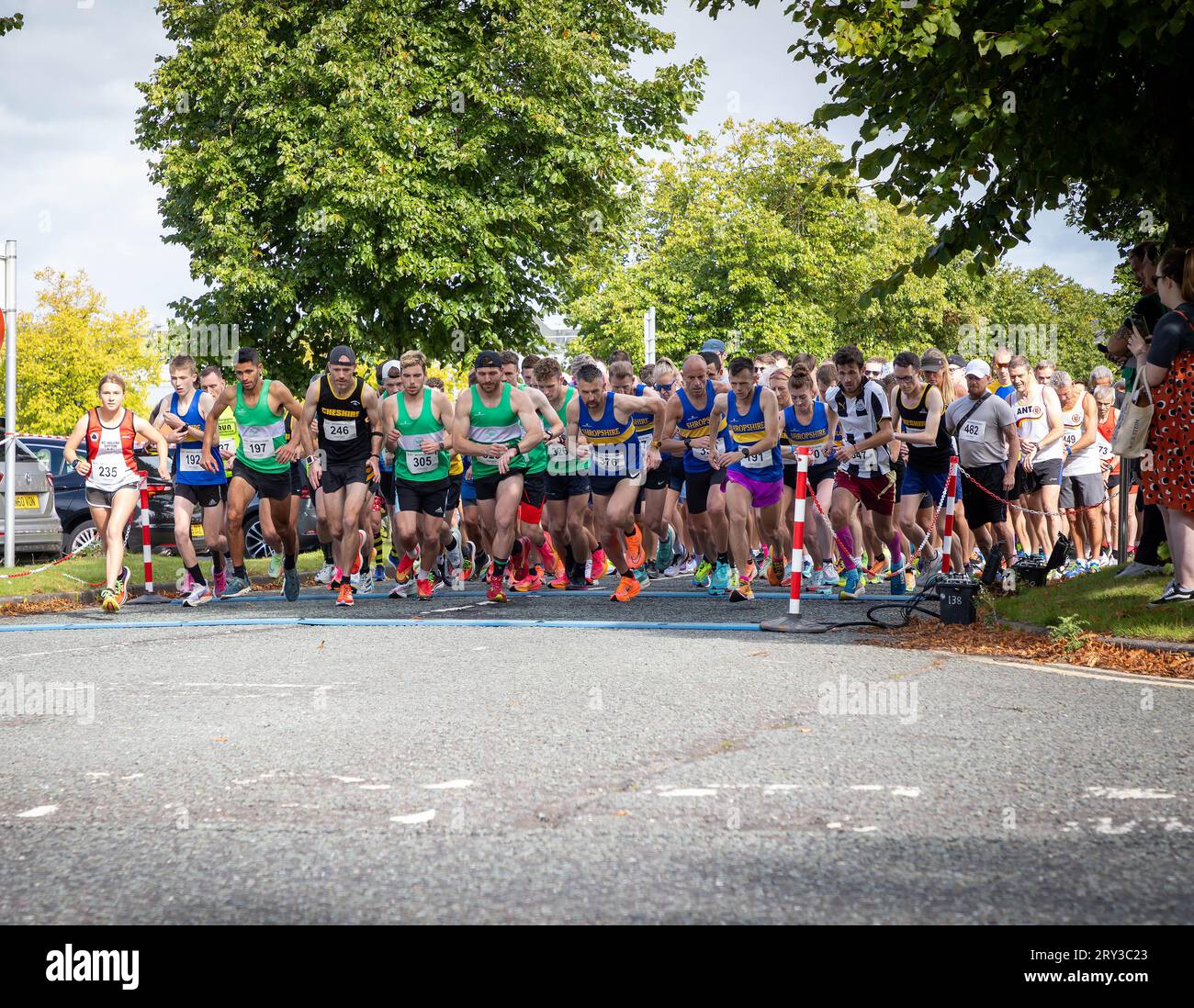 Spectrum Striders Running Club marked their 40th Anniversary with The Birchwood 10K Race 2023. They are striving to be The Greenest Race in the North0 Stock Photo