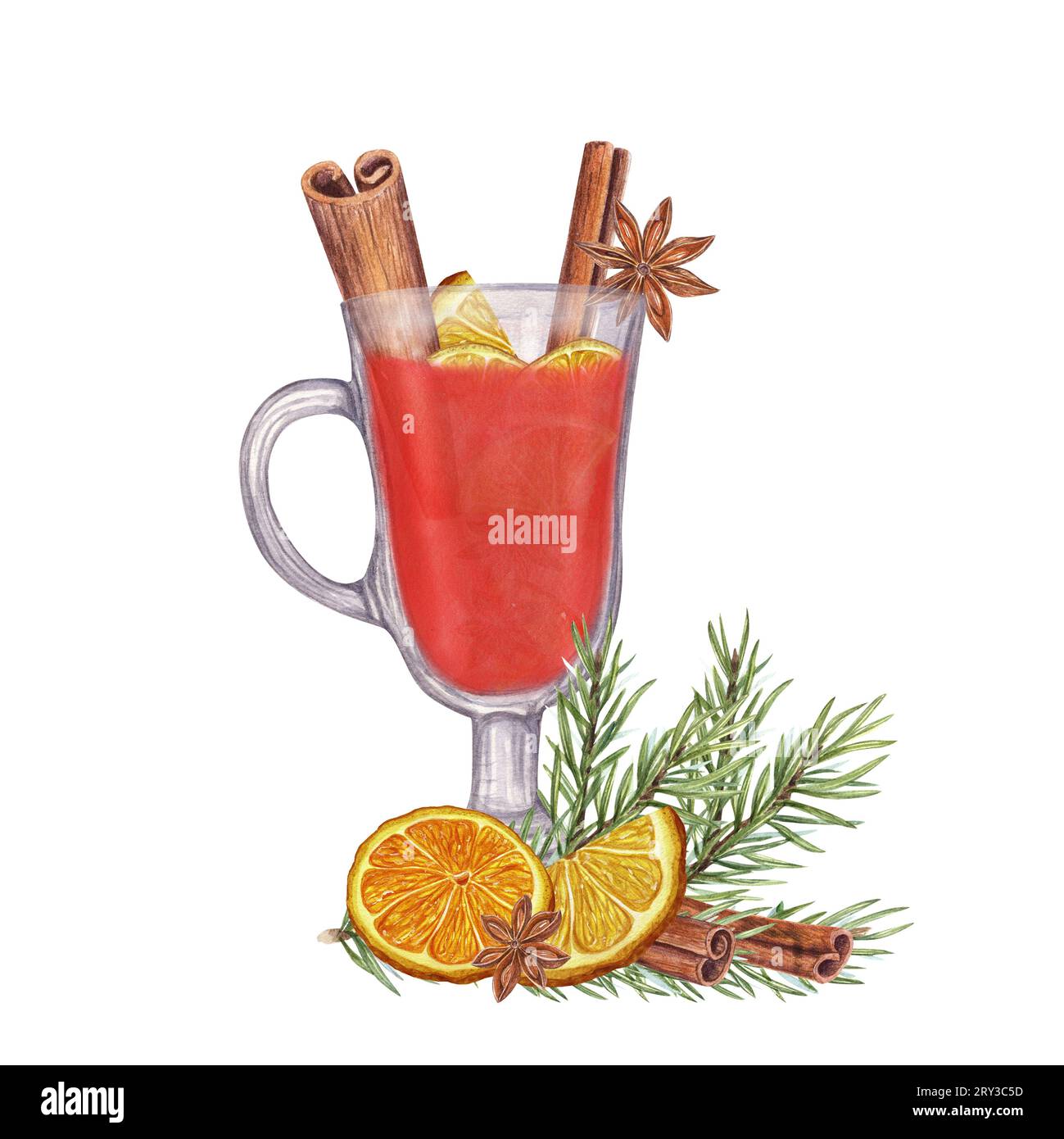 Winter beverage, Christmas Spices. Hot spicy punch. Spruce branch, dried orange slices. Mulled red wine with cinnamon sticks, star anise, orange. Stock Photo