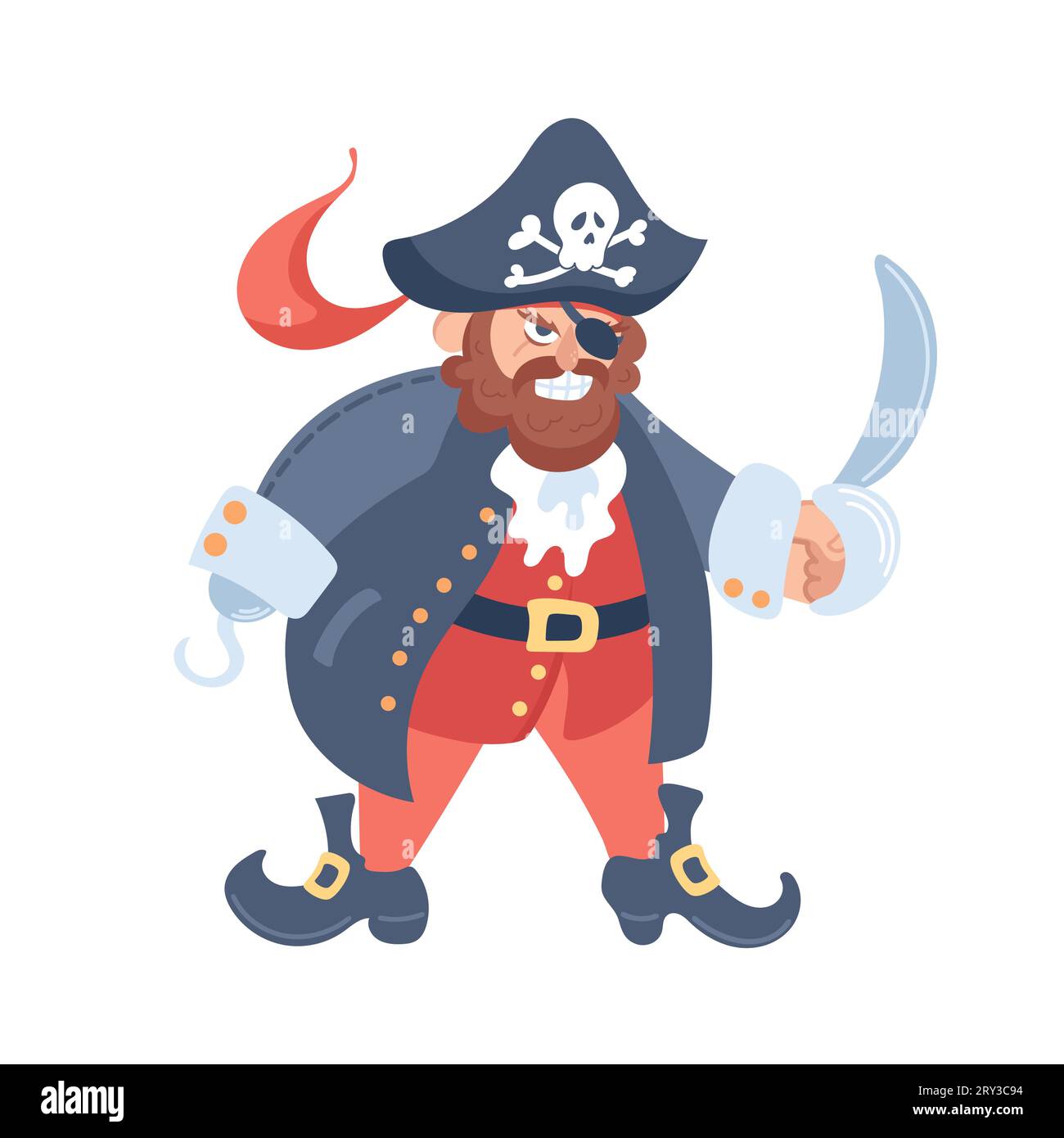 Angry pirate character in a cocked hat with a saber. A hook instead of a hand. Cartoon vector illustration armed male bandit sailor, fantasy marine vi Stock Vector