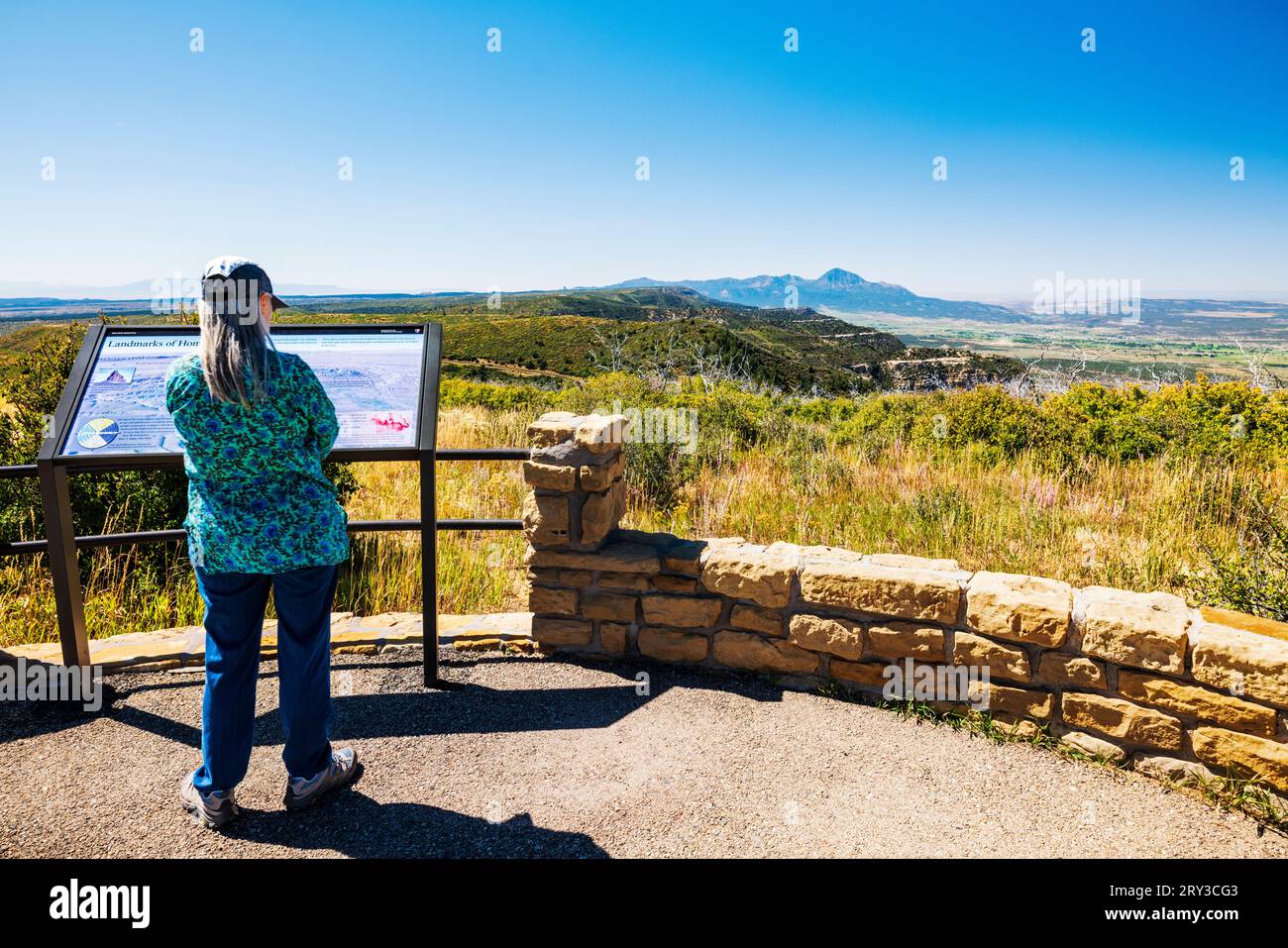 Lone female senior tourist; Park Point Overlook; Mesa Verde National Park; Colorado; USA Stock Photo