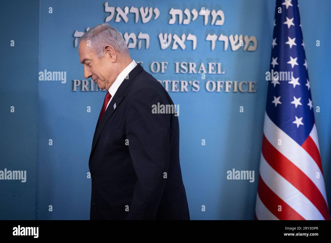 Jerusalem, Israel. 28th Sep, 2023. Israeli Prime Minister Benjamin Netanyahu speaks during an event marking the acceptance of Israel into the United States government's visa waiver program, in Jerusalem, Thursday, September 28, 2023. The addition of Israel into the select group of countries allowed to travel to the U.S. visa-free is a boost for bilateral relations despite Washington's concerns about Israel's treatment of Palestinian Americans. Photo by Chaim Goldberg/UPI Credit: UPI/Alamy Live News Stock Photo