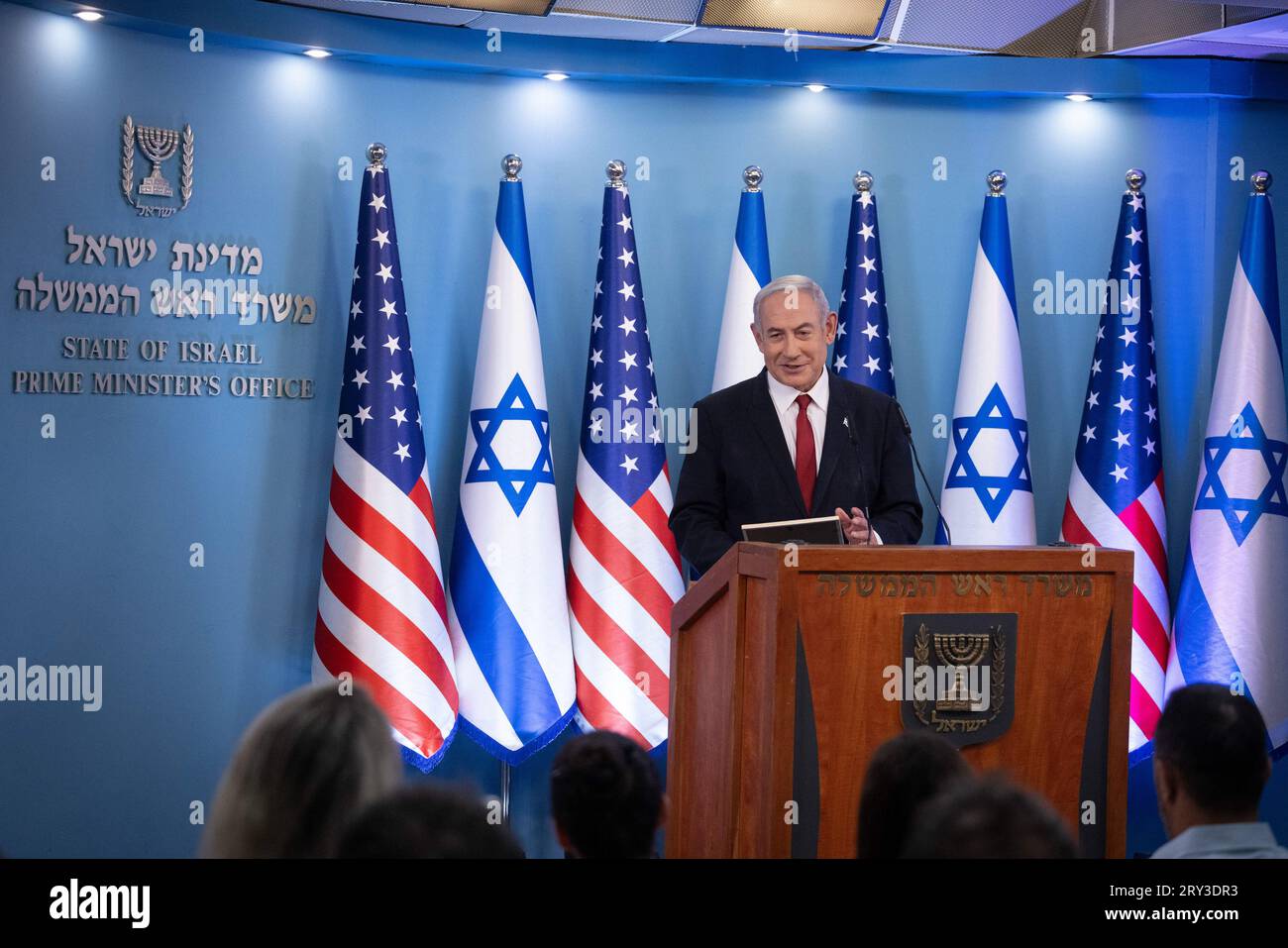 Jerusalem, Israel. 28th Sep, 2023. Israeli Prime Minister Benjamin Netanyahu speaks during an event marking the acceptance of Israel into the United States government's visa waiver program, in Jerusalem, Thursday, September 28, 2023. The addition of Israel into the select group of countries allowed to travel to the U.S. visa-free is a boost for bilateral relations despite Washington's concerns about Israel's treatment of Palestinian Americans. Photo by Chaim Goldberg/UPI Credit: UPI/Alamy Live News Stock Photo