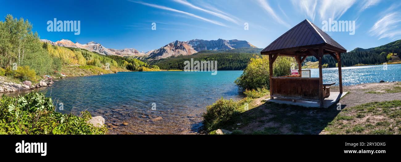 Panorama view; high alpine Trout Lake; Uncompahgre National Forest; near Telluride; Colorado; USA Stock Photo