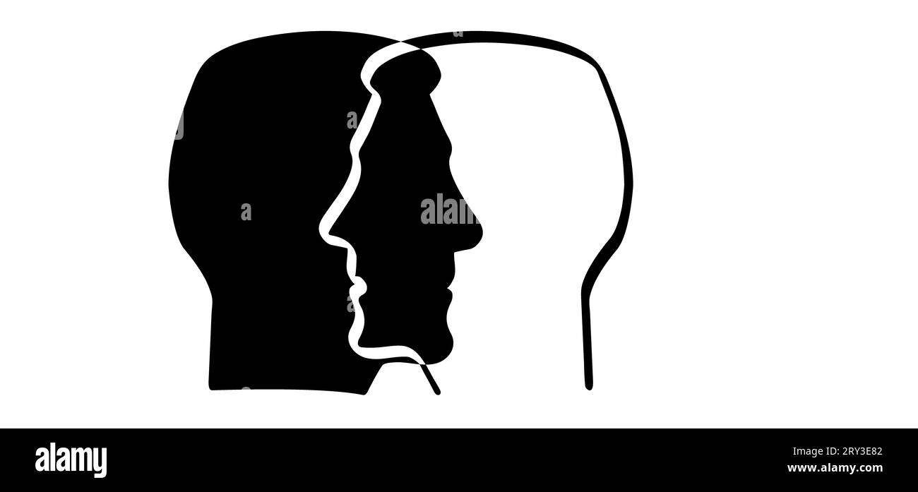 Cartoon face profile line pattern, two owerlap outline silhouette heads. Relationships, interpersonal communication, therapy abstract. People face ico Stock Photo