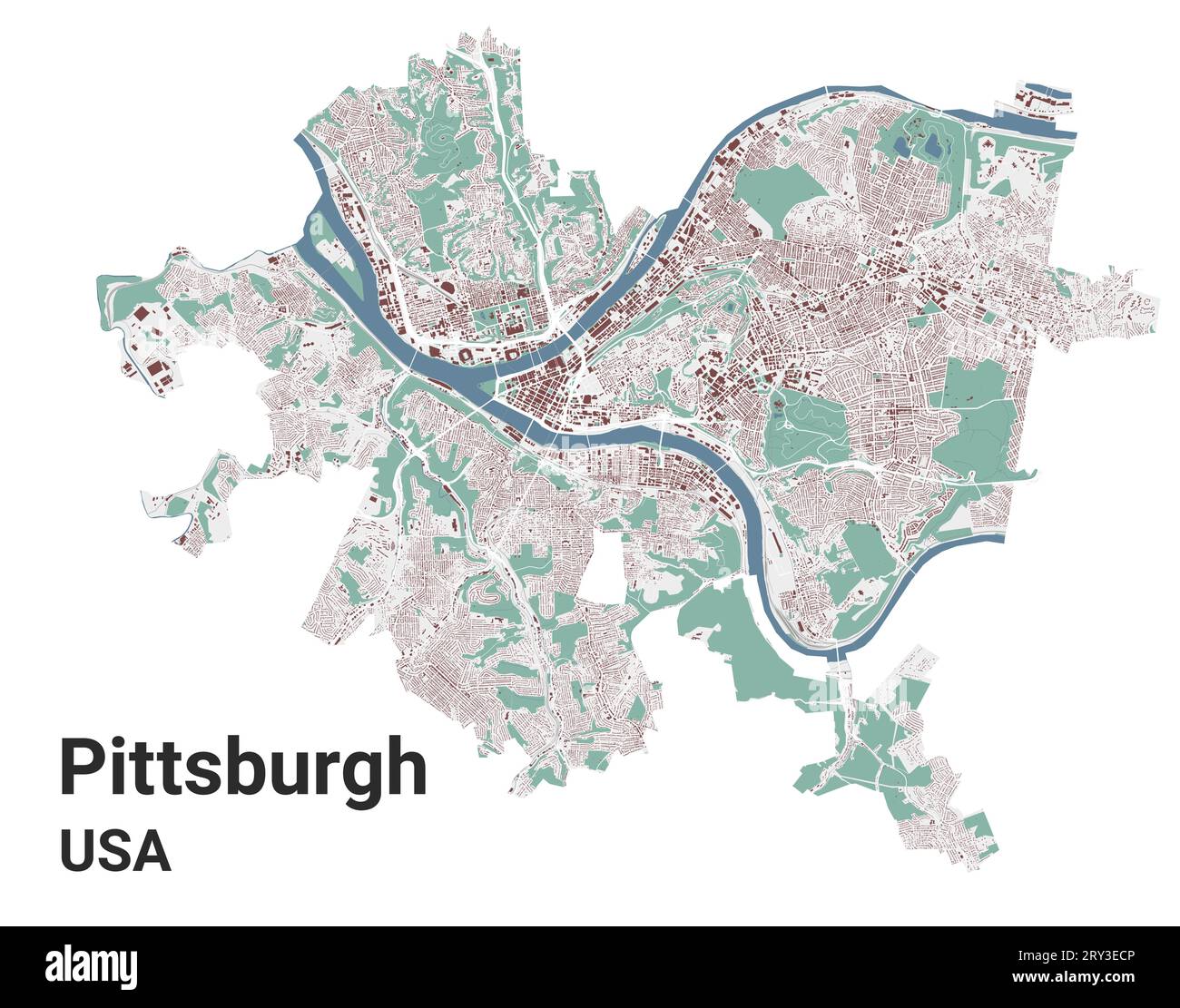 Pittsburgh map, city in United States, Pennsylvania. Municipal 