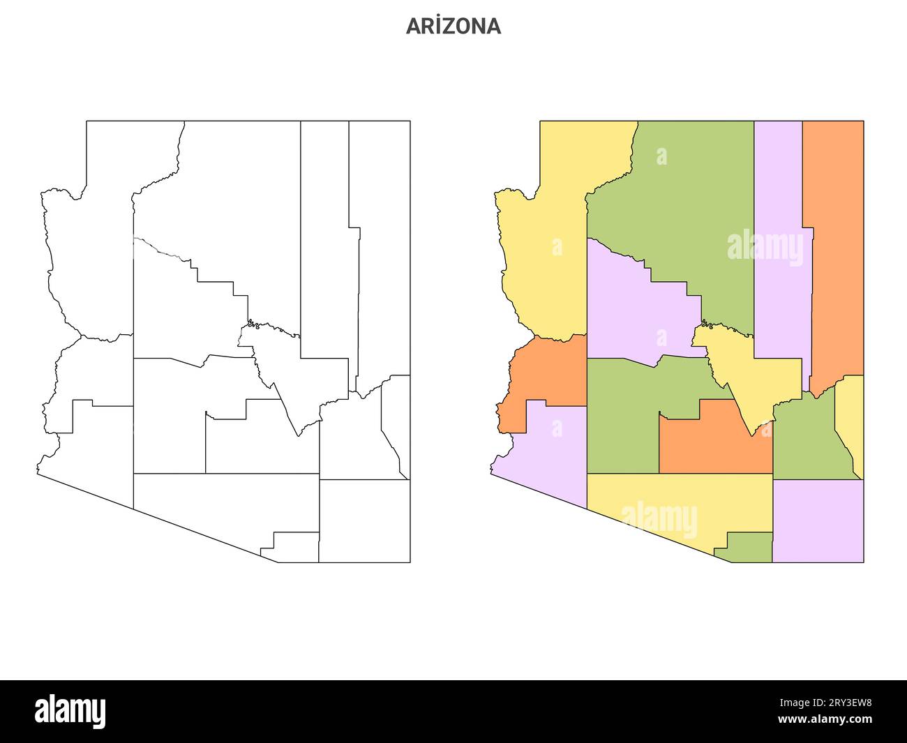 Arizona state outline County map set - United States Stock Photo
